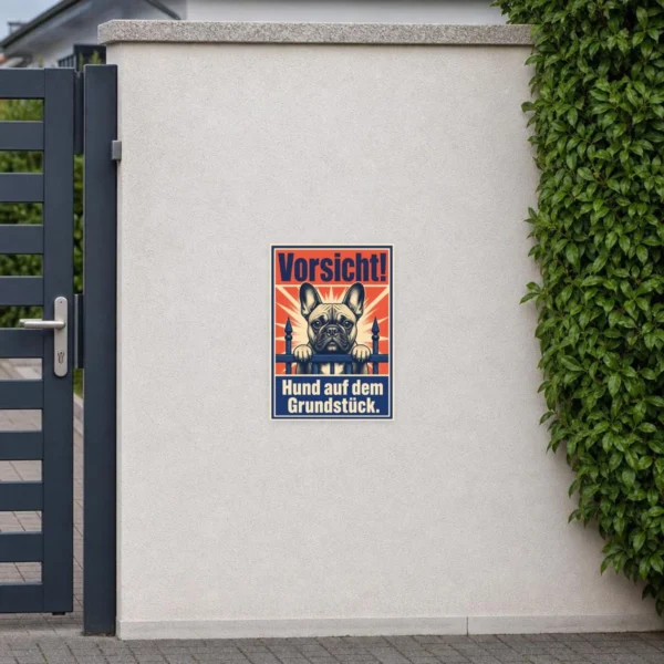 KI-generiertes Anwendungsbeispiel: Aufkleber Französische Bulldogge Vorsicht Hund auf dem Grundstück an glatter Metallfläche.