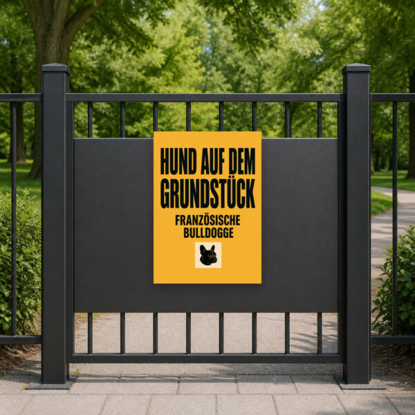 KI-generiertes Anwendungsbeispiel: Hundeschild Französische Bulldogge „Vorsicht! Hund auf dem Grundstück.“ am passenden Einsatzort mit gut sichtbarem Motiv und klarer Beschriftung.