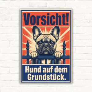 Hundeschild Französische Bulldogge „Vorsicht! Hund auf dem Grundstück.“ mit gut lesbarem Motiv und klarer Beschriftung als bedrucktes Schild aus Aluminium-Verbundplatte.