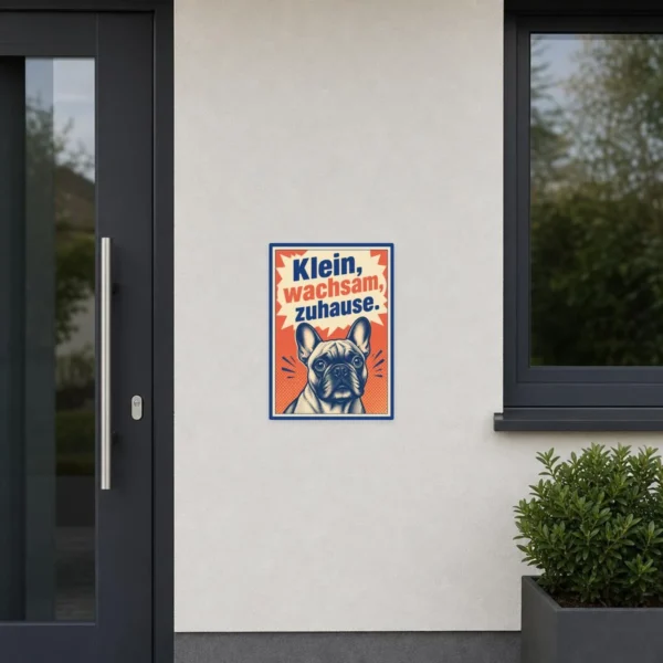 KI-generiertes Anwendungsbeispiel: Aufkleber Französische Bulldogge mit Text „Klein, wachsam, zuhause.“ an Tür.