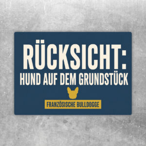 Aufkleber mit Text Bitte Rücksicht auf den Hund nehmen und liegender Französischer Bulldogge in Beige und Orange.