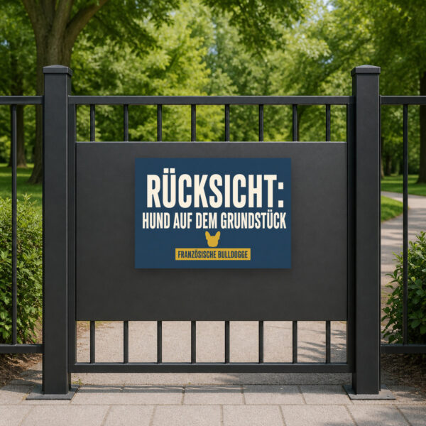 KI-generiertes Anwendungsbeispiel: Hundeschild „Bitte Rücksicht auf den Hund nehmen“ an heller Wand.