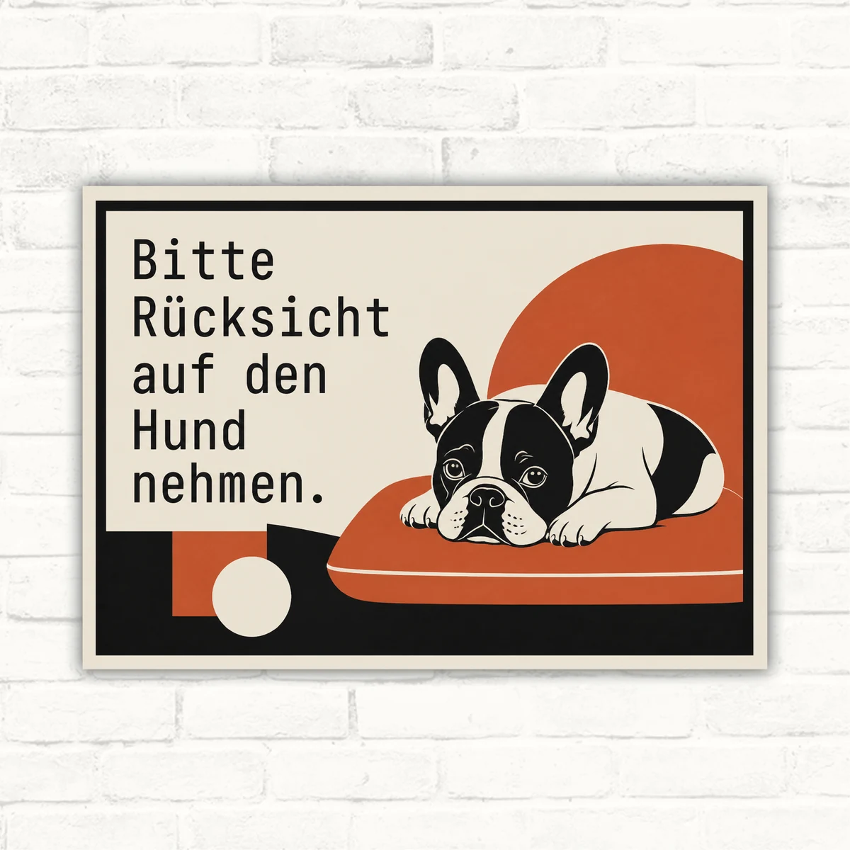 Hundeschild mit Französischer Bulldogge und Text „Bitte Rücksicht auf den Hund nehmen“ im Querformat.