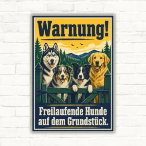 Warnschild mit Text „Warnung! Freilaufende Hunde auf dem Grundstück.“ und vier Hunden hinter einem Zaun.