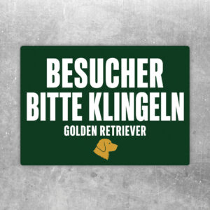 Aufkleber mit Text Besucher bitte kurz klingeln, Golden Retriever neben Tür und Klingel in Creme und Bordeaux.