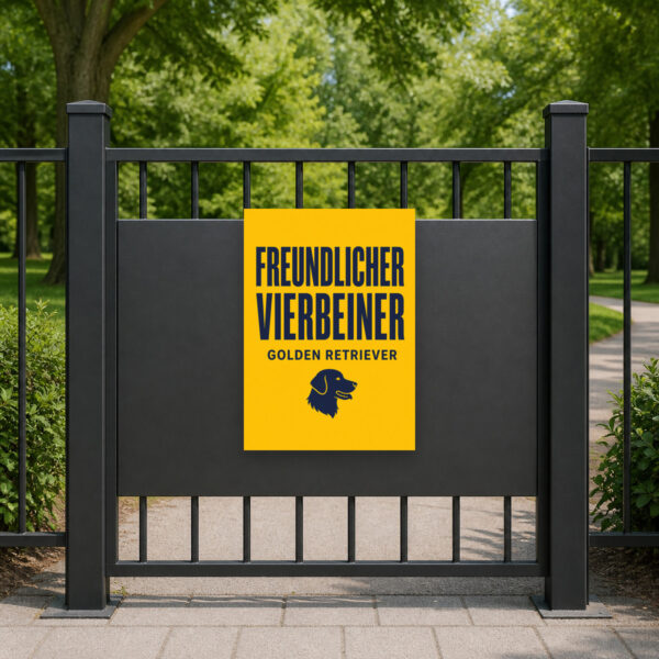 KI-generiertes Anwendungsbeispiel: Golden-Retriever-Hundeschild „Hier wohnt ein freundlicher Vierbeiner“ an einer hellen Wand.