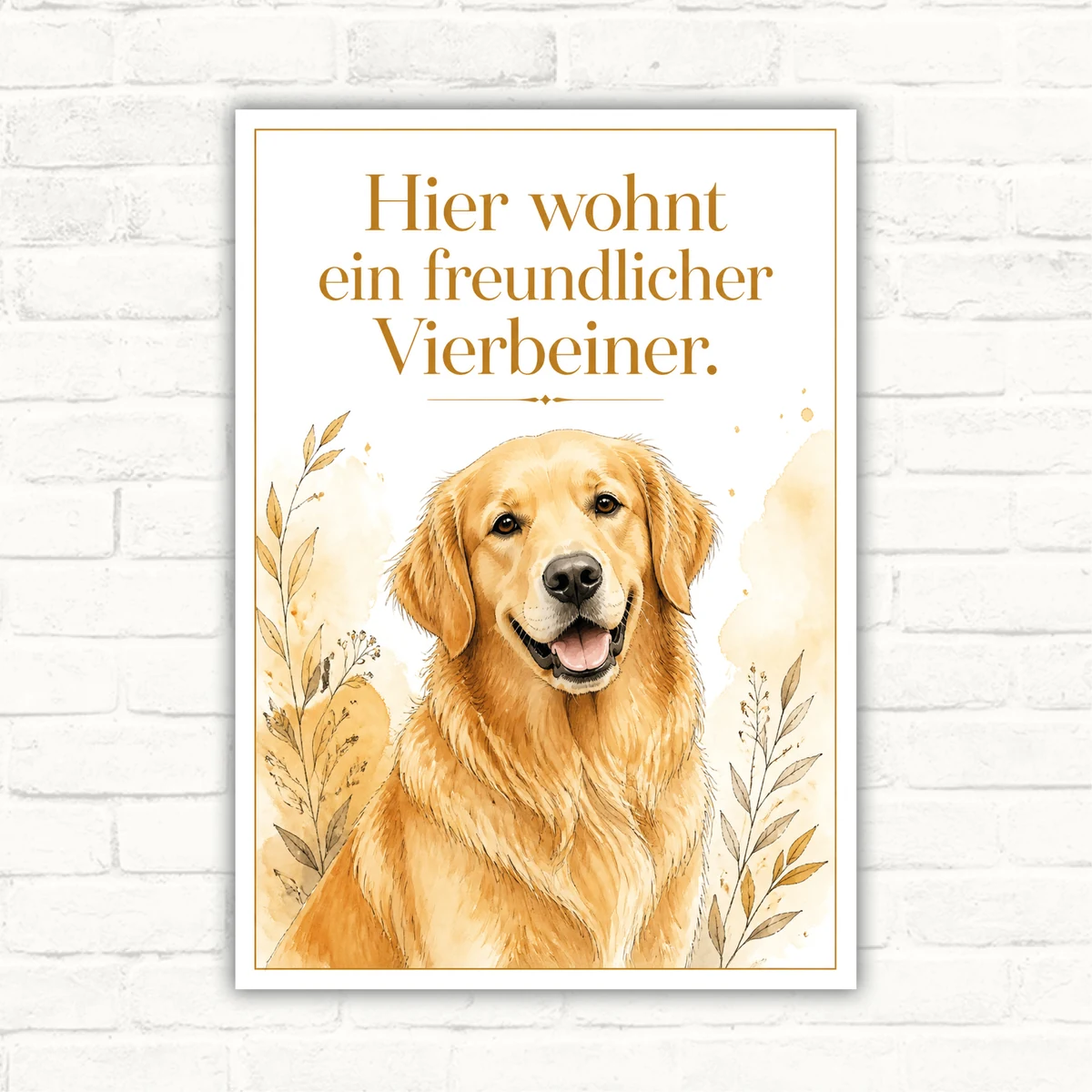 Hundeschild mit Golden Retriever und dem Text „Hier wohnt ein freundlicher Vierbeiner“ als dekoratives Hinweisschild.
