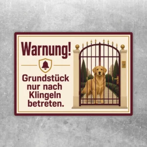 Aufkleber mit Golden Retriever hinter Tor und Text Warnung Grundstück nur nach Klingeln betreten in Bordeaux und Beige.