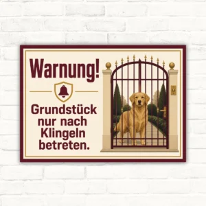 Hundeschild mit Golden Retriever am Tor und Text „Warnung! Grundstück nur nach Klingeln betreten.“ im Querformat.