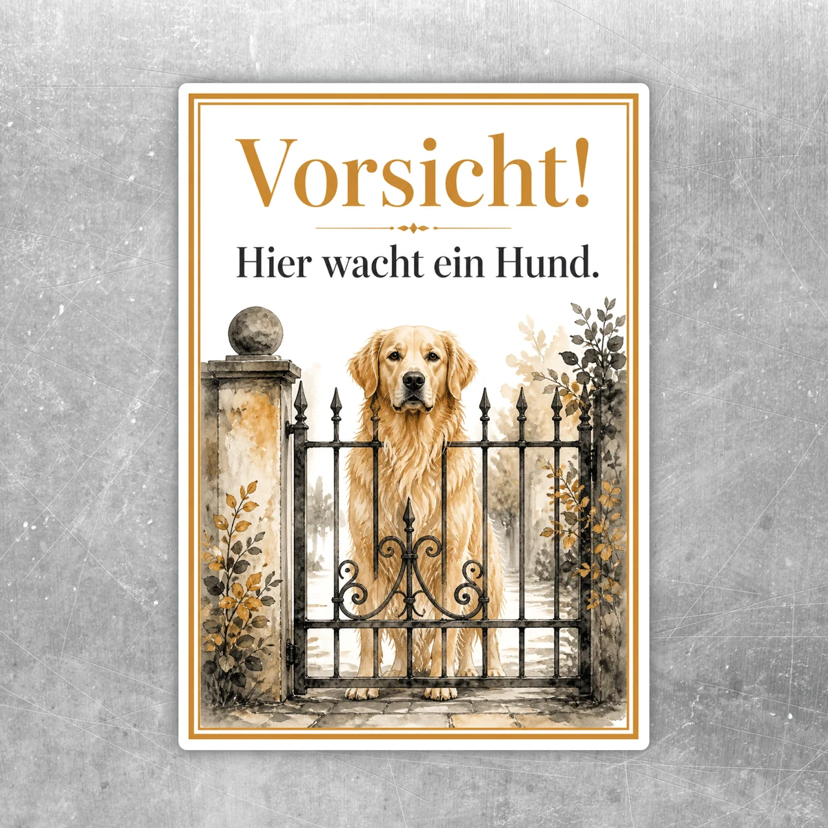 Golden Retriever Aufkleber mit Text „Vorsicht! Hier wacht ein Hund.“ und Hund hinter dekorativem Gartentor.