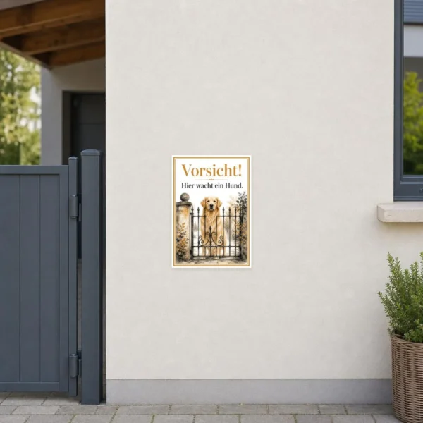 KI-generiertes Anwendungsbeispiel: Golden Retriever Aufkleber „Vorsicht! Hier wacht ein Hund.“ an einer Eingangstür.