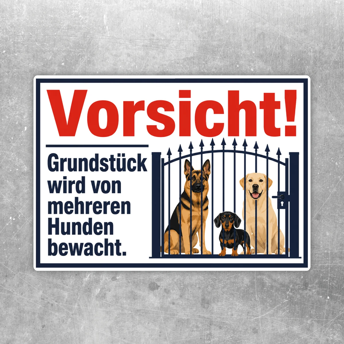 Aufkleber mit rotem Vorsicht-Text und Hinweis Grundstück wird von mehreren Hunden bewacht, drei Hunde hinter Zaun.
