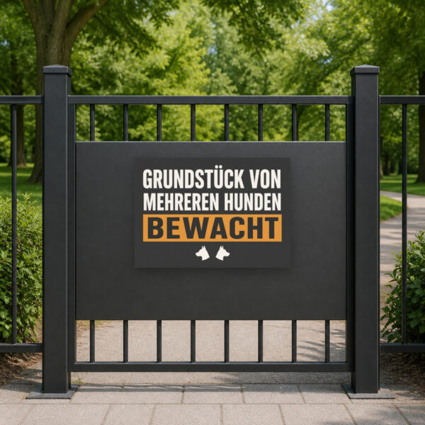 KI-generiertes Anwendungsbeispiel: Hundeschild „Vorsicht! Grundstück wird von mehreren Hunden bewacht.“ am Zaun.