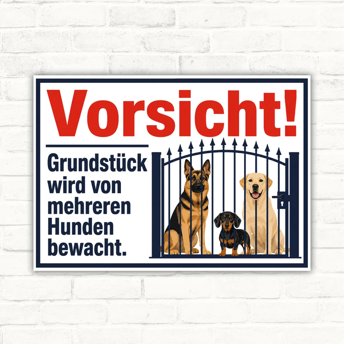 Hundeschild mit Wortlaut „Vorsicht! Grundstück wird von mehreren Hunden bewacht.“ und drei Hunden am Zaun.