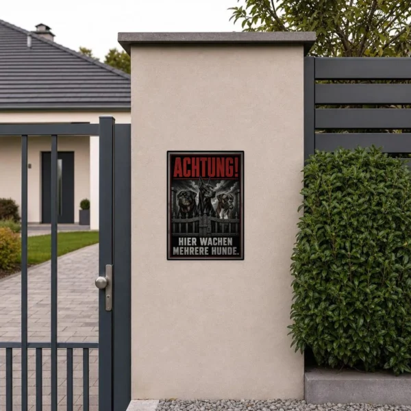 KI-generiertes Anwendungsbeispiel: Aufkleber „Achtung! Hier wachen mehrere Hunde“ an einer glatten Torfläche.