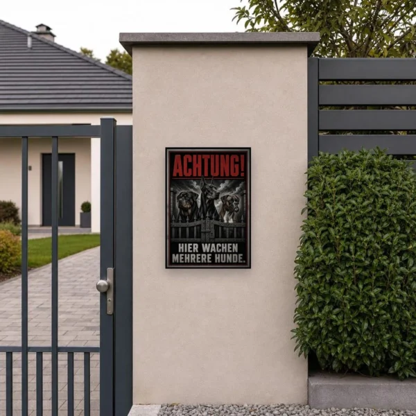 KI-generiertes Anwendungsbeispiel: Hundeschild „Achtung! Hier wachen mehrere Hunde“ sichtbar an einer Wand montiert.
