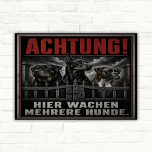 Hundeschild mit Text „Achtung! Hier wachen mehrere Hunde“, drei Hunde hinter Zaun als Warnschild für Grundstücke.