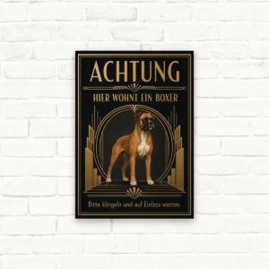 Boxer-Schild „Achtung, hier wohnt ein Boxer“ im Art-déco-Hochformat