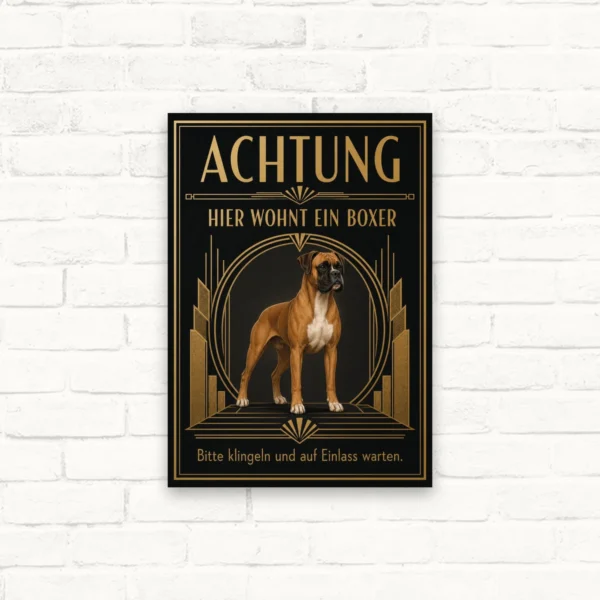 Boxer-Schild „Achtung, hier wohnt ein Boxer“ im Art-déco-Hochformat