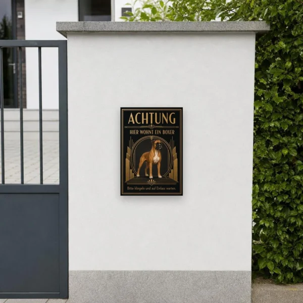 KI-generiertes Anwendungsbeispiel: Boxer Schild „Achtung hier wohnt ein Boxer“ als Art-Déco-Hundeschild an heller Wand.