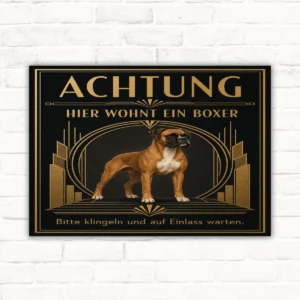 Boxer Schild mit Wortlaut „Achtung hier wohnt ein Boxer“ im schwarzen Art-Déco-Design mit goldenen Linien.