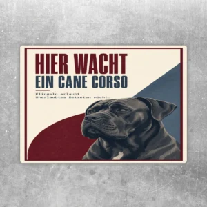 Cane Corso Aufkleber mit Text Hier wacht ein Cane Corso in Creme, Bordeauxrot und Dunkelblau auf grauem Untergrund.