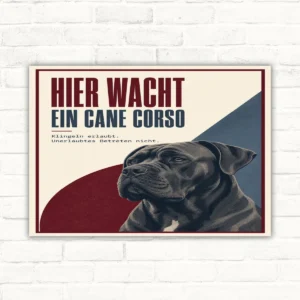 Cane Corso Schild mit Text „Hier wacht ein Cane Corso“ und Hundeporträt als robustes Warnschild im Hochformat.