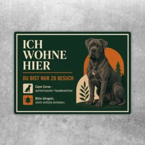 Cane Corso Aufkleber Ich wohne hier im Querformat mit dunkelgrünem Hintergrund, cremefarbener Schrift und Hundemotiv.