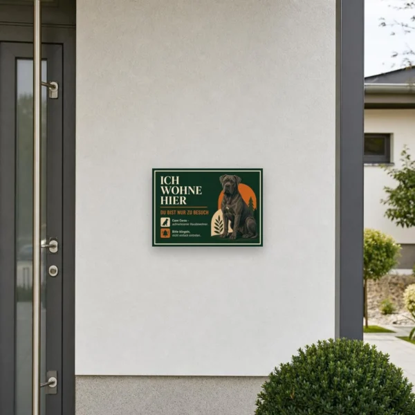 KI-generiertes Anwendungsbeispiel: Cane Corso Schild „Ich wohne hier“ als Hundewarnschild an einer hellen Ziegelwand.