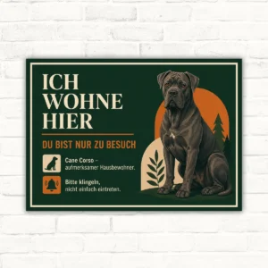 Cane Corso Schild mit Wortlaut „Ich wohne hier“ und „Du bist nur zu Besuch“ als bedrucktes Hundeschild im Querformat.