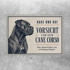 Querformatiger Cane Corso Aufkleber mit Hundeporträt und Text „Vorsicht vor dem Cane Corso“ in Beige, Schwarz und Braun.