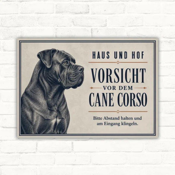 Hundeschild im Querformat mit Cane-Corso-Porträt und Text „Haus und Hof – Vorsicht vor dem Cane Corso“.