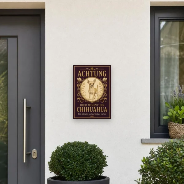 KI-generiertes Anwendungsbeispiel: Chihuahua Schild „Achtung hier wohnt ein Chihuahua“ als Hundeschild an heller Wand.