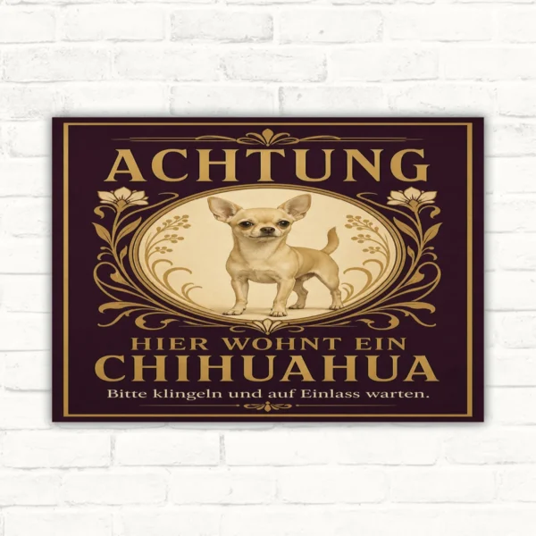 Chihuahua Schild mit Text „Achtung hier wohnt ein Chihuahua“ und Hinweis „Bitte klingeln und auf Einlass warten“.