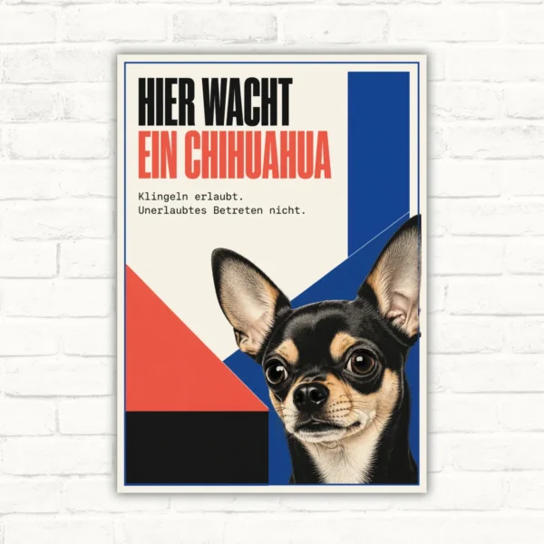 Chihuahua Schild „Hier wacht ein Chihuahua“ – Hundewarnschild für Haus und Grundstück mit gut lesbarem Motiv und klarer Beschriftung als bedrucktes Schild aus Aluminium-Verbundplatte.