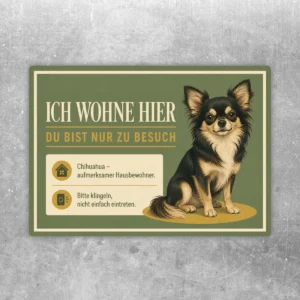 Chihuahua Aufkleber im Querformat mit Text Ich wohne hier und grün-cremefarbenem Design für Haustür oder Eingang.