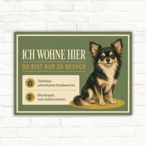 Chihuahua Schild im Querformat mit Text „Ich wohne hier“ und „Bitte klingeln, nicht einfach eintreten“.