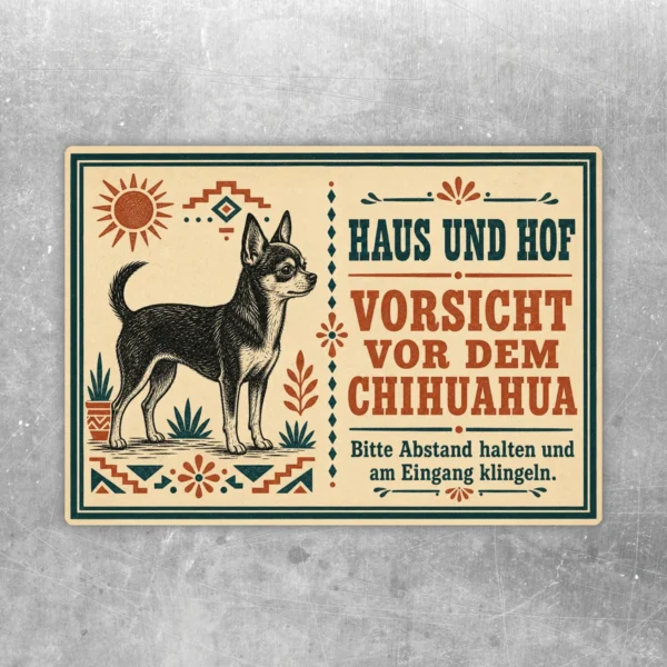 Querformatiger Chihuahua Aufkleber mit Text Vorsicht vor dem Chihuahua, beige im Retro-Stil für Haus und Hof.