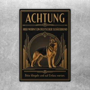 Schwarz-goldener Aufkleber mit Deutschem Schäferhund, Achtung-Text und Hinweis zum Klingeln auf dunklem Hintergrund.