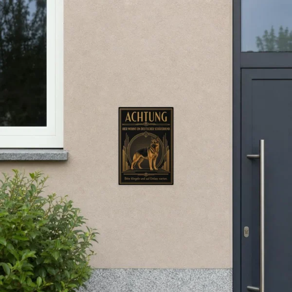 KI-generiertes Anwendungsbeispiel: Aufkleber Deutscher Schäferhund in Schwarz und Gold mit Achtung-Hinweis an einer Tür.