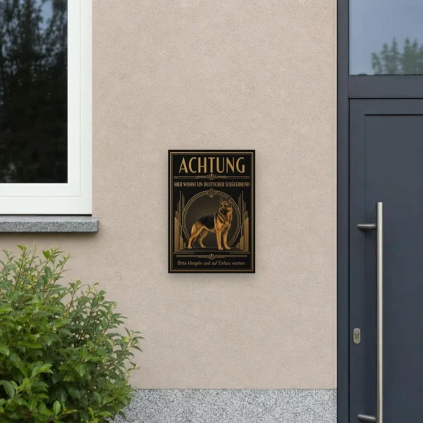 KI-generiertes Anwendungsbeispiel: Hundeschild Deutscher Schäferhund mit Warntext und Art-Déco-Motiv an heller Wand.
