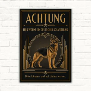 Hundeschild mit Deutschem Schäferhund, Text „Achtung hier wohnt ein Deutscher Schäferhund“ im Art-Déco-Stil.