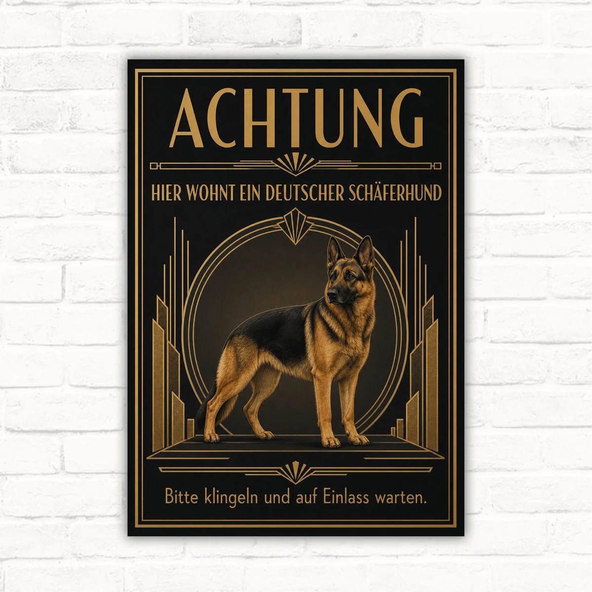 Hundeschild mit Deutschem Schäferhund, Text „Achtung hier wohnt ein Deutscher Schäferhund“ im Art-Déco-Stil.
