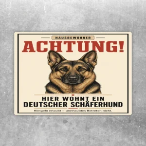 Schäferhund Aufkleber im Hochformat mit rotem Achtung-Schriftzug und Hundeporträt auf beigem Retro-Hintergrund.
