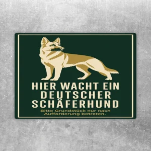 Aufkleber mit Deutschem Schäferhund, dunkelgrünem Hintergrund und Hinweis „Hier wacht ein Deutscher Schäferhund“.