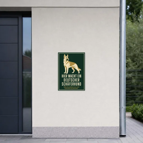 KI-generiertes Anwendungsbeispiel: Deutscher Schäferhund Aufkleber an einem Eingangstor mit grün-goldenem Wachhund-Motiv.