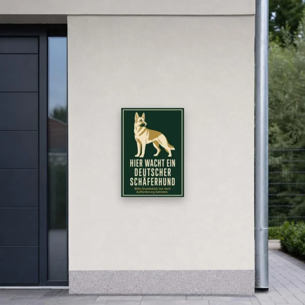 KI-generiertes Anwendungsbeispiel: Hundeschild „Hier wacht ein Deutscher Schäferhund“ an heller Ziegelwand.