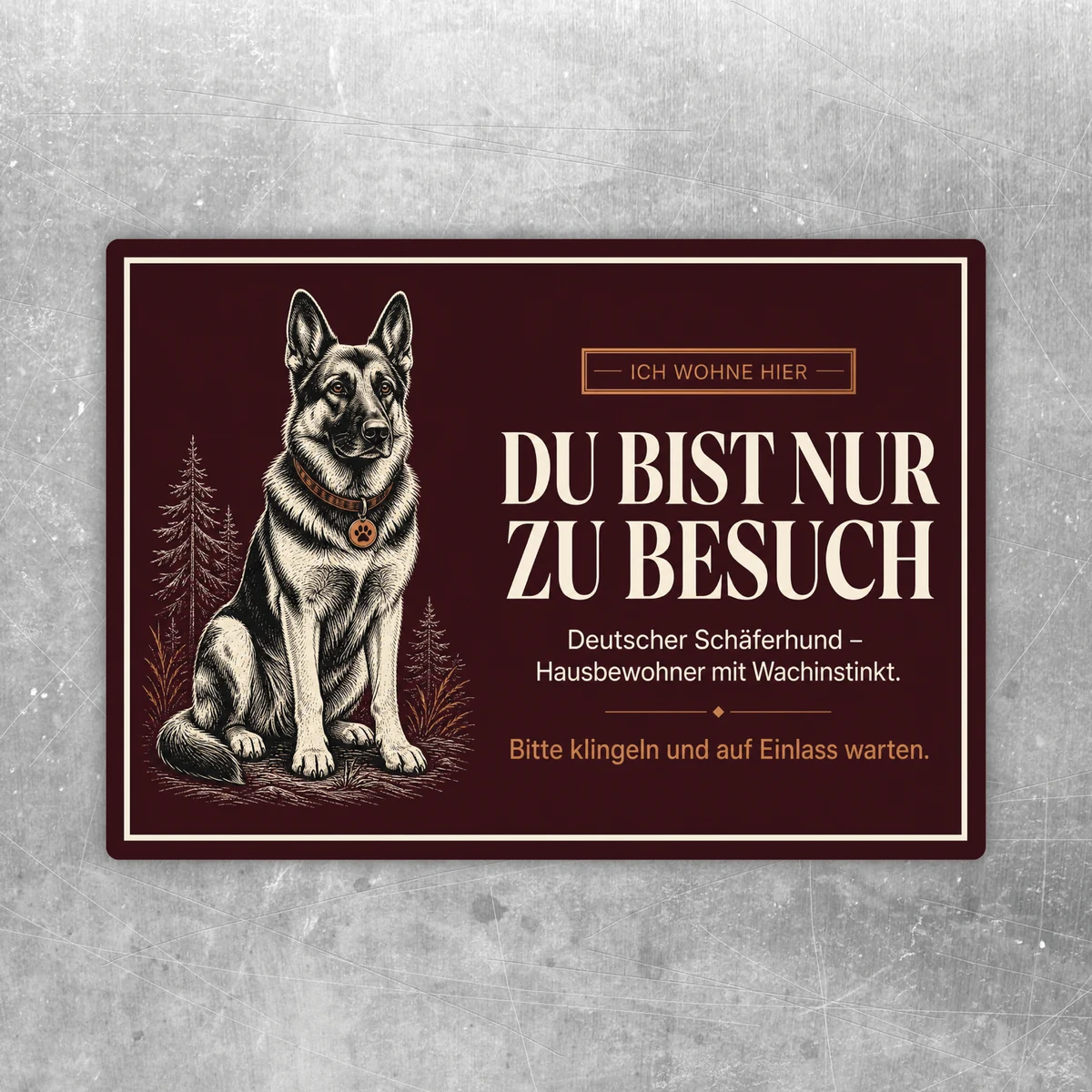 Aufkleber mit Deutschem Schäferhund, bordeauxrotem Hintergrund und Text Du bist nur zu Besuch für Eingänge.