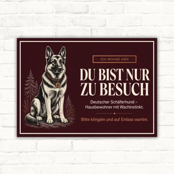 Hundeschild Deutscher Schäferhund – Du bist nur zu Besuch mit gut lesbarem Motiv und klarer Beschriftung als bedrucktes Schild aus Aluminium-Verbundplatte.
