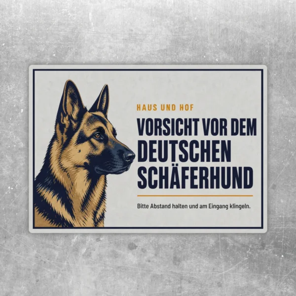 Querformatiger Aufkleber mit Deutschem Schäferhund, blauem Warntext und hellem Hintergrund für Tür oder Tor.